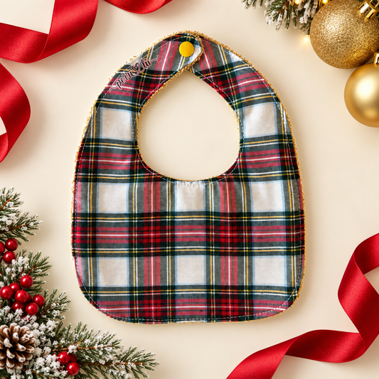 Bavetta natalizia tartan Perrilù con sfondo crema nastri rossi e decorazioni di Natale