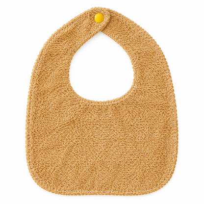 Retro bavetta natalizia Perrilù in morbida spugna beige con bottone giallo