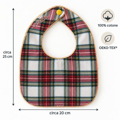 Scheda tecnica bavetta natalizia Perrilù tartan 25 x 20 cm 100% cotone OEKO-TEX